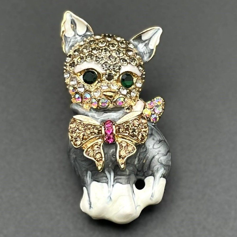 Yellow Gold with Emerald Green and Diamond Crystal Enamel Cat Pin Back Brooch